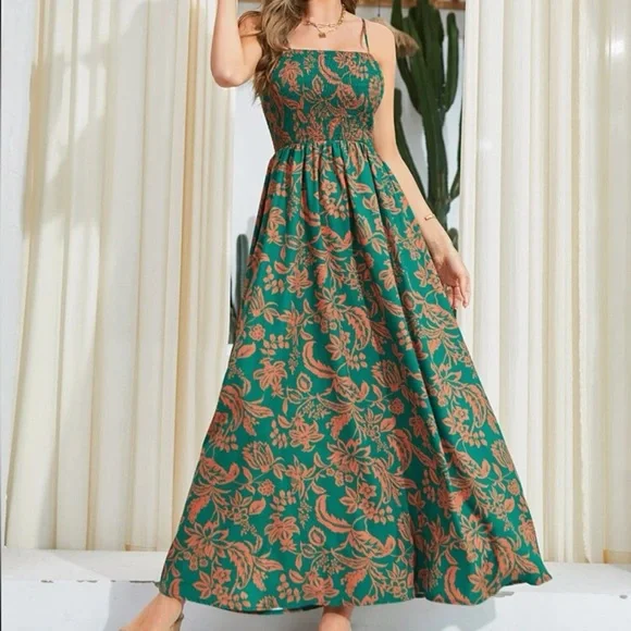 Boho Floral Print Smocked Bodice Cami Maxi Dress Green - Picture 6 of 6